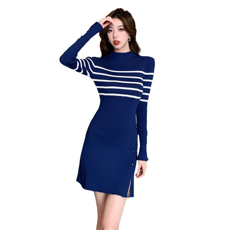 Women Fashion Striped Knitting Button Decor Mini Short Dress Casual Streetwear Knitwear Lady Retro Dresses Clothings
