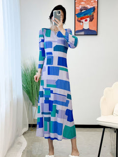Miyake Pleated Plaid Check Printed Dress Women 2023 New Spring Clothes High Fashion Korean Fashion Long Dress Designer Clothes