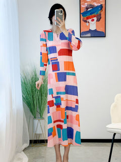 Miyake Pleated Plaid Check Printed Dress Women 2023 New Spring Clothes High Fashion Korean Fashion Long Dress Designer Clothes