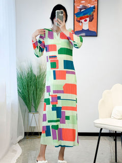 Miyake Pleated Plaid Check Printed Dress Women 2023 New Spring Clothes High Fashion Korean Fashion Long Dress Designer Clothes