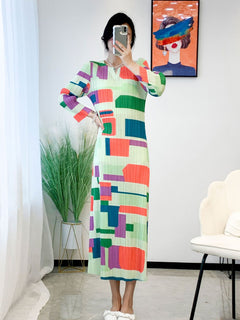 Miyake Pleated Plaid Check Printed Dress Women 2023 New Spring Clothes High Fashion Korean Fashion Long Dress Designer Clothes