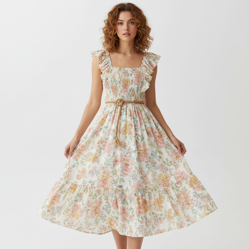 Women Summer Pleated Strap Ruffles A Line Midi Long Dresses Lady Casual Sleeveless Chic Vestidos Boho Mujer Clothings